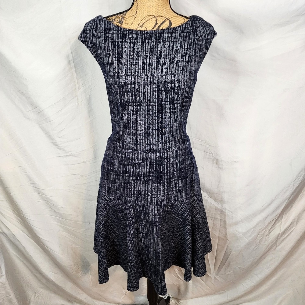 ELIZA‎ J Size 16 Navy Cotton Blend Tweed Rockabilly Drop Waist Flounce Hem Dress - Picture 2 of 11